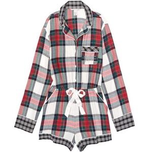 Victoria’s Secret Flannel Romper Holiday Pajamas Large Plaid Long Sleeve